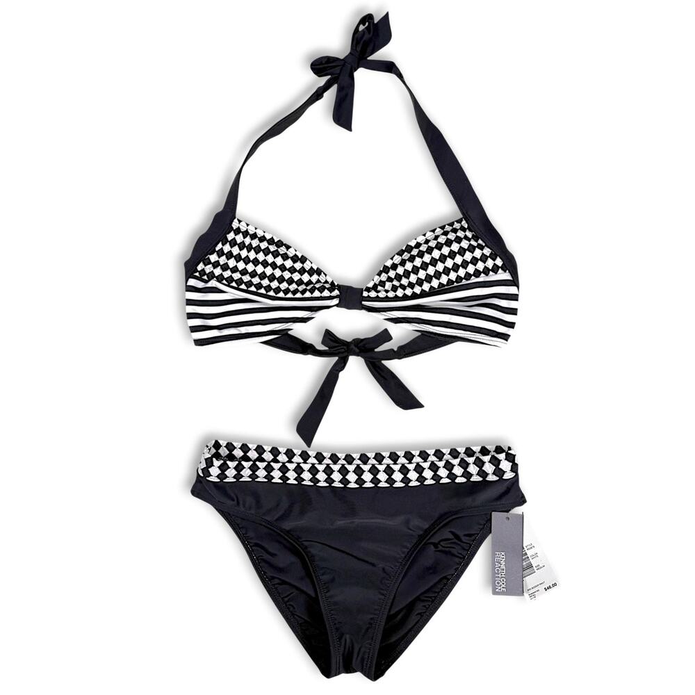 Kenneth Cole Bikini Set D Cup M Hipster Black White Halter Bandeau Classic 2 Pc
